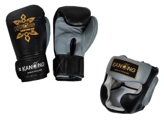 Kanong Boxhandschuhe + Boxkopfschutz aus Rindsleder : Schwarz und Grau